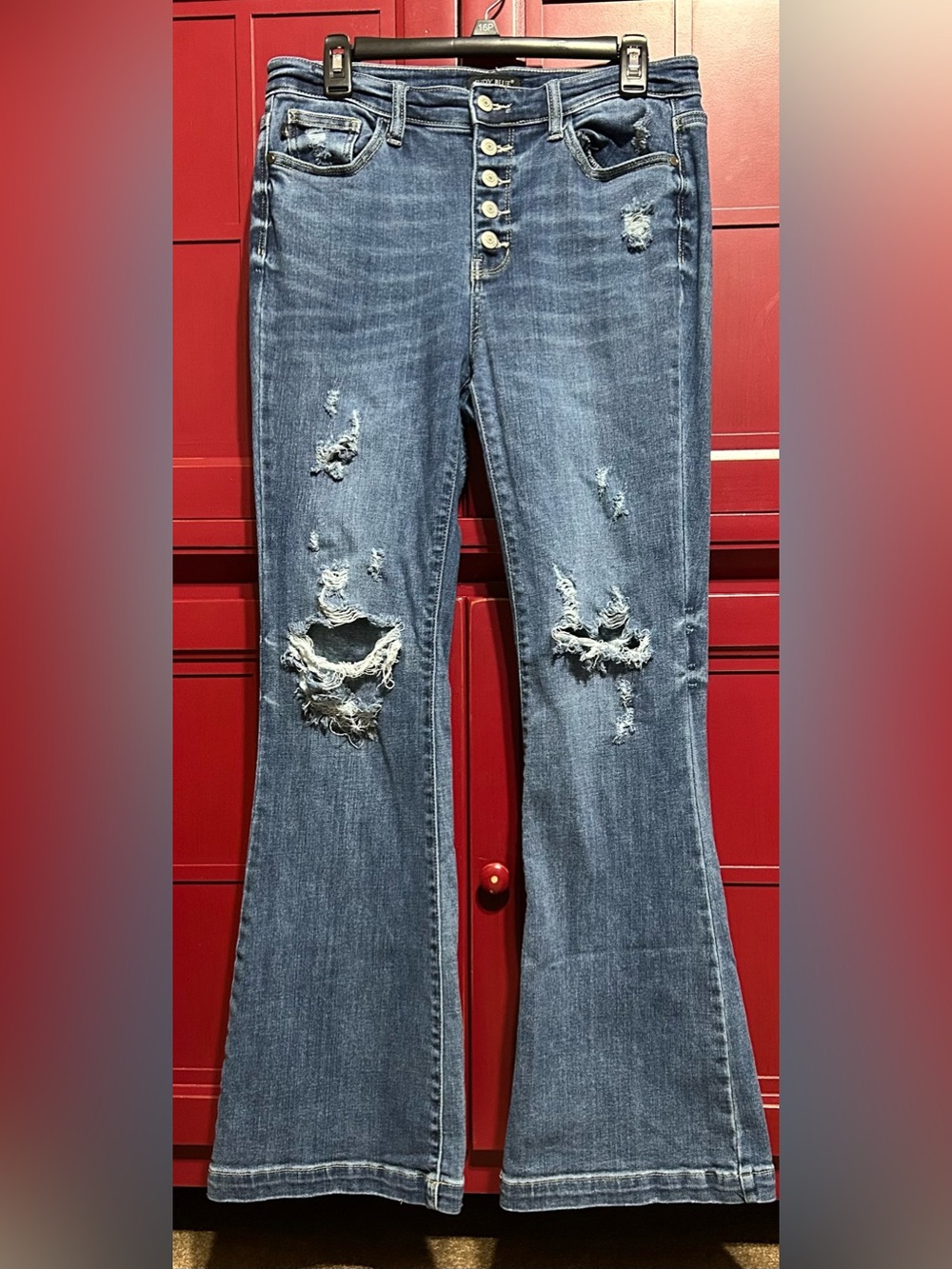 Judy Blue Medium Blue High-Rise Distressed Flare Jeans